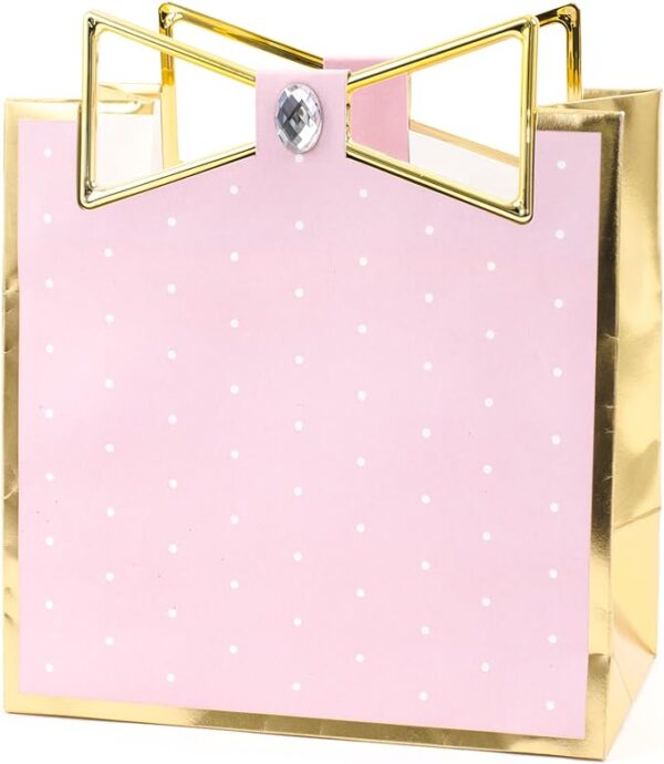 Hallmark Signature 7" Medium Gift Bag (Pink with Gold Border and Metallic Bow) for Mothers Day, Birthdays, Engagements, Valentines Day, Sweetest Day and More